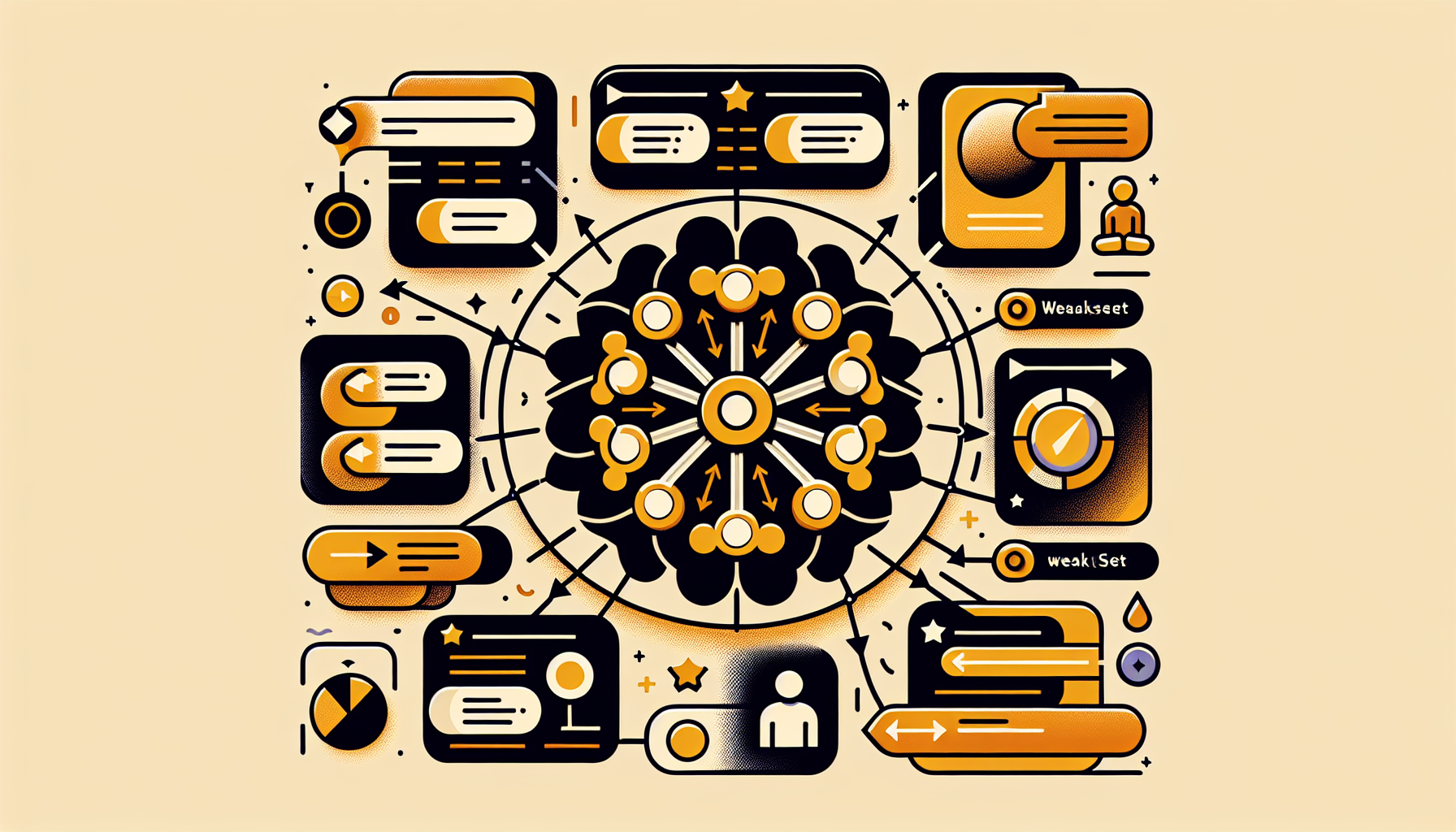 An illustrative image showcasing the efficient management of collections with WeakSet in JavaScript. Represent radial diagrams showing connections between various components, where the nodes are simple geometric shapes symbolizing JavaScript elements. Illustrate frequent addition and removal of elements from this WeakSet represented by arrows moving in and out of the radial diagram. Avoid showcasing any human figures, textual content, or brand logos. The overall color palette should reflect shades associated with programming and JavaScript, such as warm neutrals and vibrant yellows or oranges.