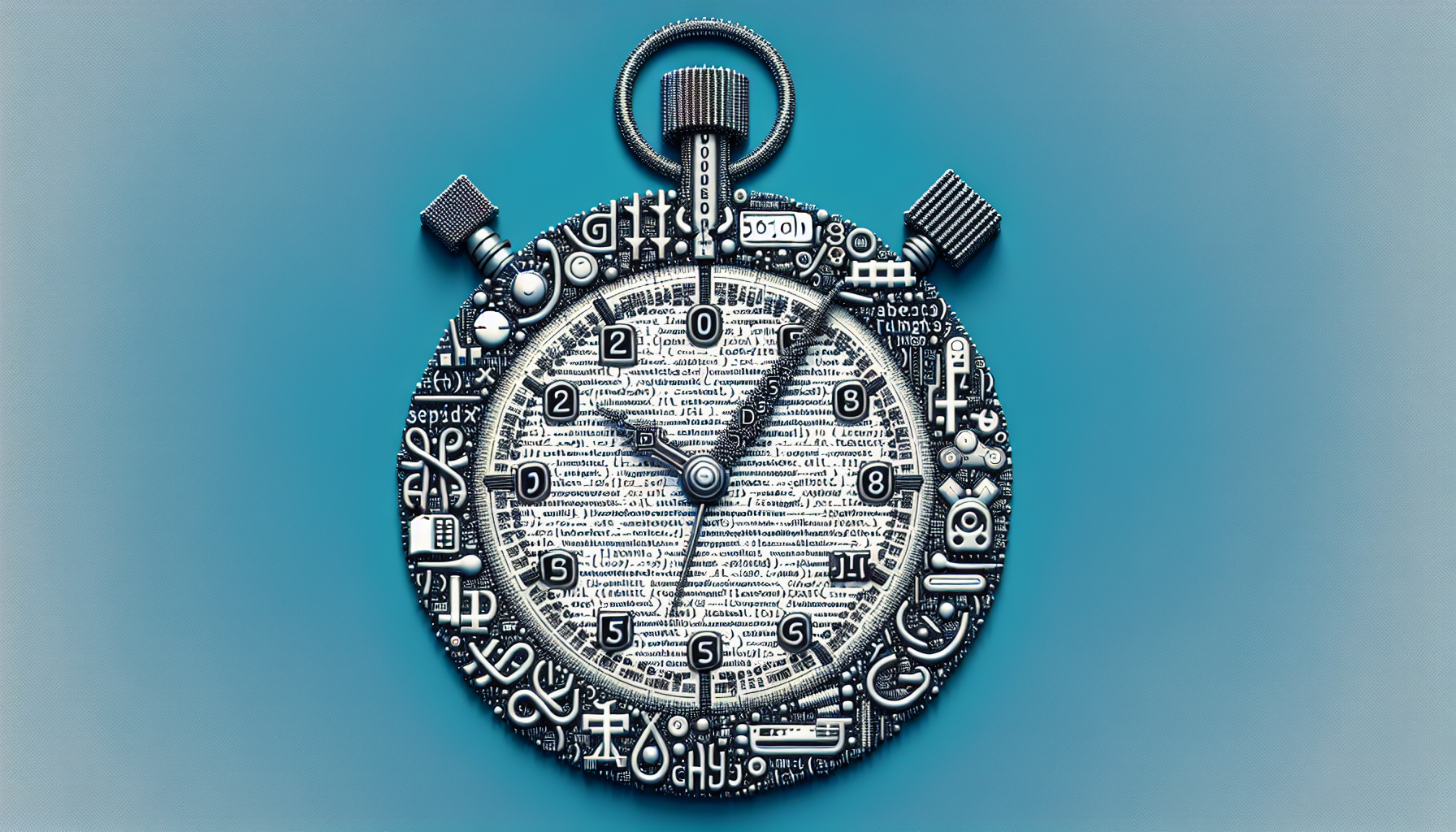 Generate an image illustrating the concept of building a stopwatch using JavaScript, with no humans or text in the frame. The image should be an interpretation of what the coding process might look like, portraying symbols relevant to JavaScript, like curly brackets or semicolons, and typical elements of a stopwatch such as hands and time measurement markings. The image should be visually appealing, but not linked to any specific brands, logos, or identifiable intellectual properties. This broad, artful approach will ensure no explicit text or branded elements within.
