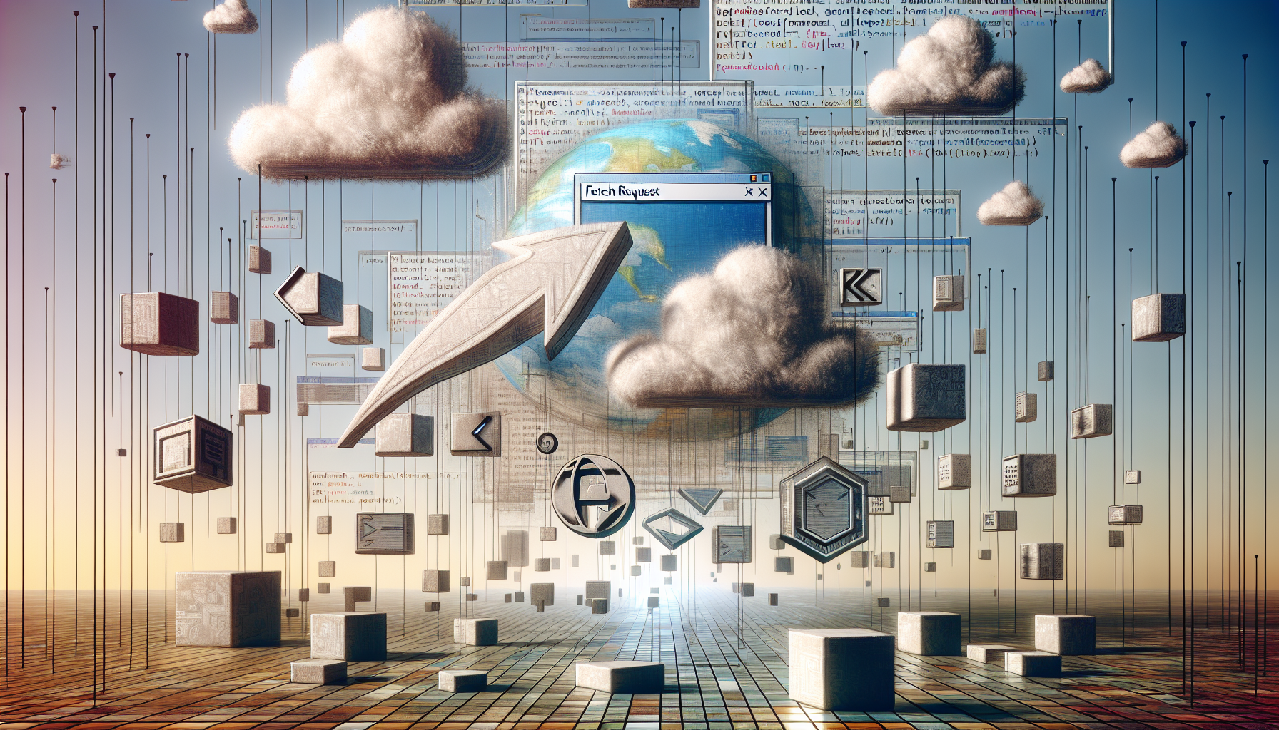 An abstract representation of the concept related to JavaScript's Fetch API for HTTP requests. The scene should feature symbolic elements like a large arrow (indicating fetch or request), cloud (indicating internet), and rectangular blocks (representing data packets). A giant browser window floating in the sky could be shown to represent the web. Some code-like hieroglyphs in the background might reference JavaScript. All of these predominate in a tranquil and technological, abstract landscape. The code-like hieroglyphs, although present, should not form recognizable words, symbols, or logos.