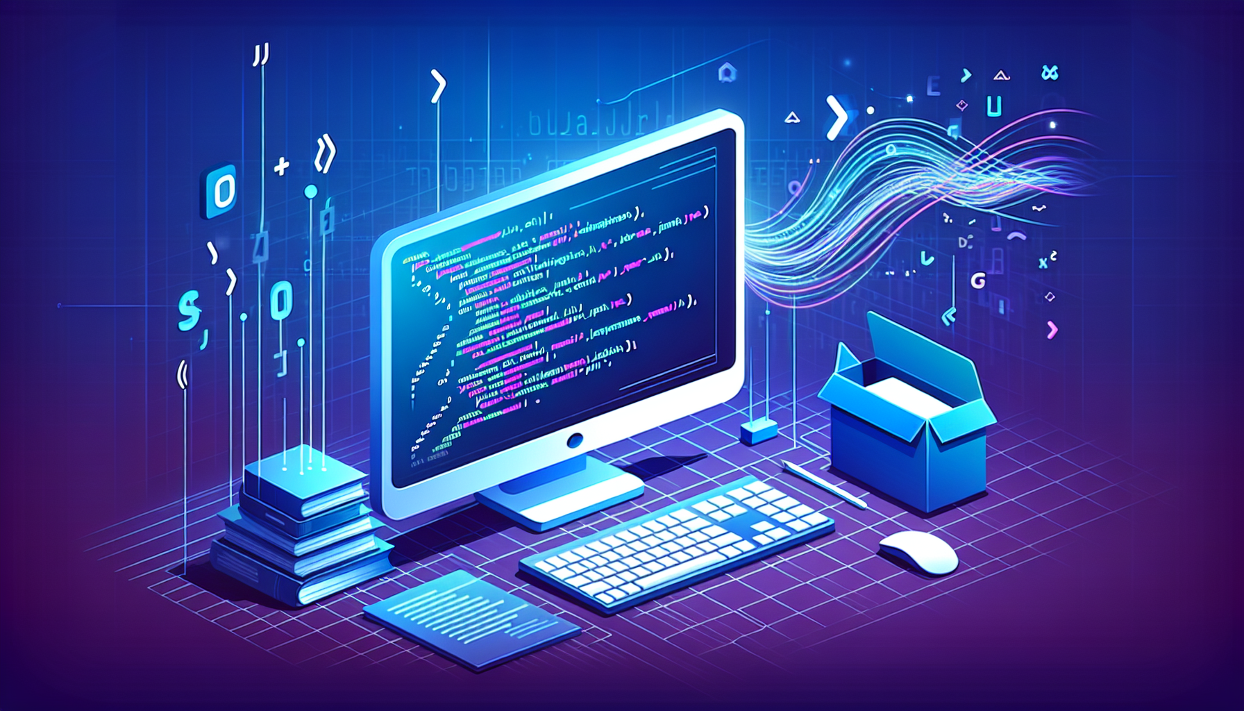 A 2D flat design scene that depicts a simplified computer monitor and a keyboard. On the computer screen, there are abstract symbols that represent coding or programming, like brackets and lines, in a generic way to portray JavaScript. Also, visualize a toolbox next to the computer, indicating tools developers use. In the background, there's a flow of abstract data bits, representing LocalStorage, moving from the toolbox to the computer screen. The entire scene is depicted in a digital aesthetic and vibrant cool shades of blues and purples. No text, brand names, logos, or people are included in the scene.