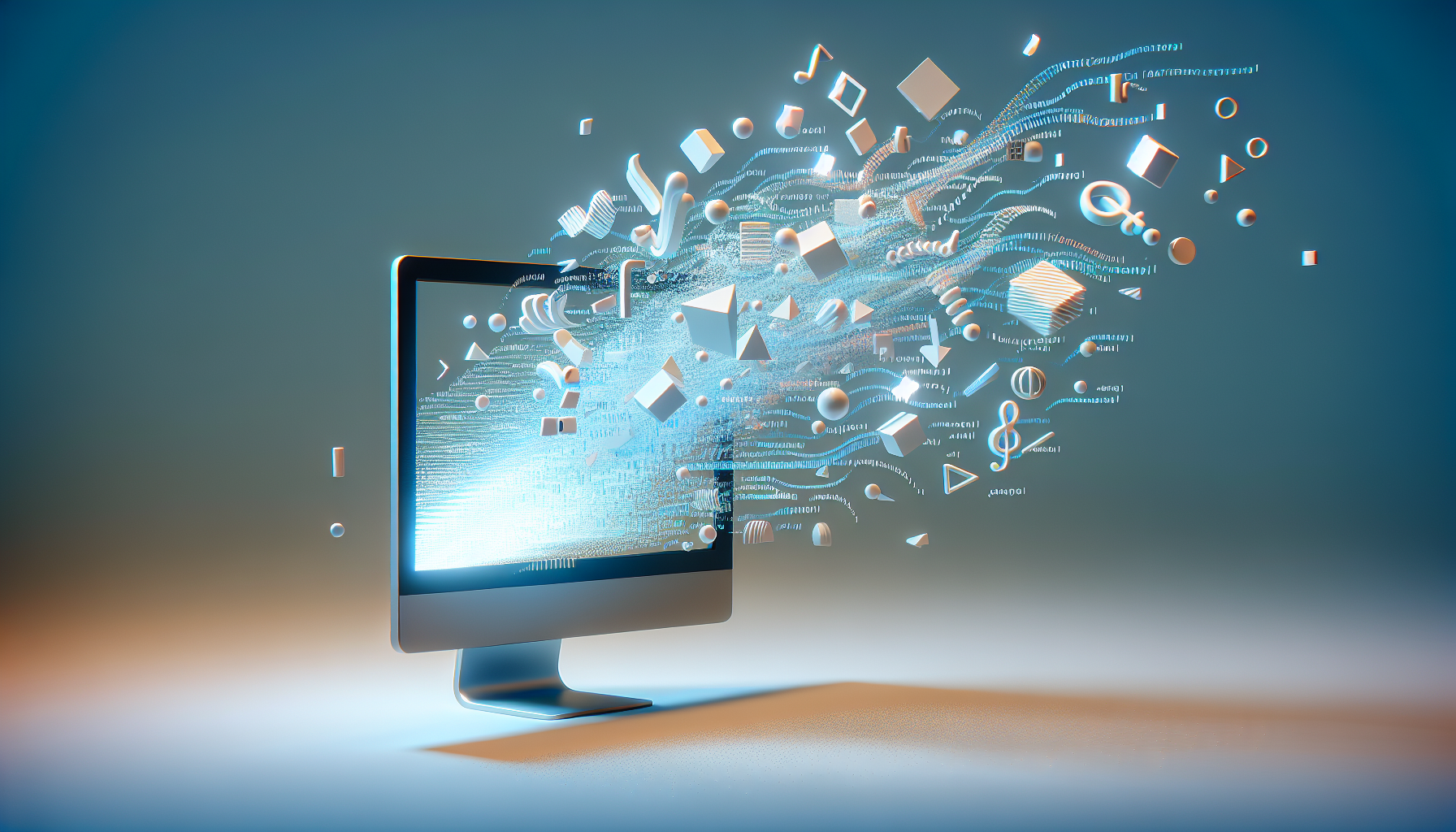 An image embodying the theme of 'Using JavaScript for Simple Animations'. The image showcases a 3D model of a computer monitor with abstract codes floating out of the screen. These codes morph into simple shapes as they ascend - squares, circles, triangles, signifying JavaScript being used to animate these shapes. The shapes are subtly moving in a fluid animation, symbolizing the movement and interactivity enabled by JavaScript. No people or brand names are present.