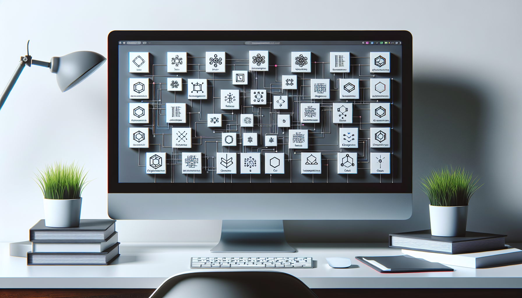 Image of computer screen displaying a visual representation of modular coding, indicated through blocks and interconnected lines symbolizing JavaScript modules, organization and interconnectedness of code. Each block contains abstract symbols - no text or brand logos, and no human figures are present. The background is minimalist, perhaps a plain, white desk. Avoid displaying any text within the image or on any items.