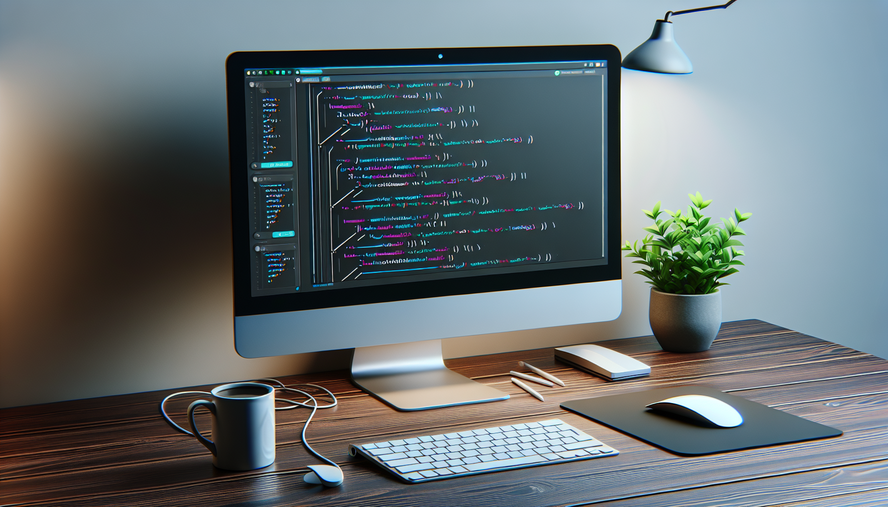 An image showing a straightforward web development scene. Visible on the screen of a sleek, generic computer is an abstract illustration: a simplified modal dialog box being coded. The structure should be clear enough to suggest programming in JavaScript, with properly organized blocks and brackets. The computer sits on a polished wooden desk with some accessories nearby: a generic mouse, a coffee mug without any text or logo, and a small, green potted plant for a touch of nature. Ensure there are no people, brand names or text visible in the image.