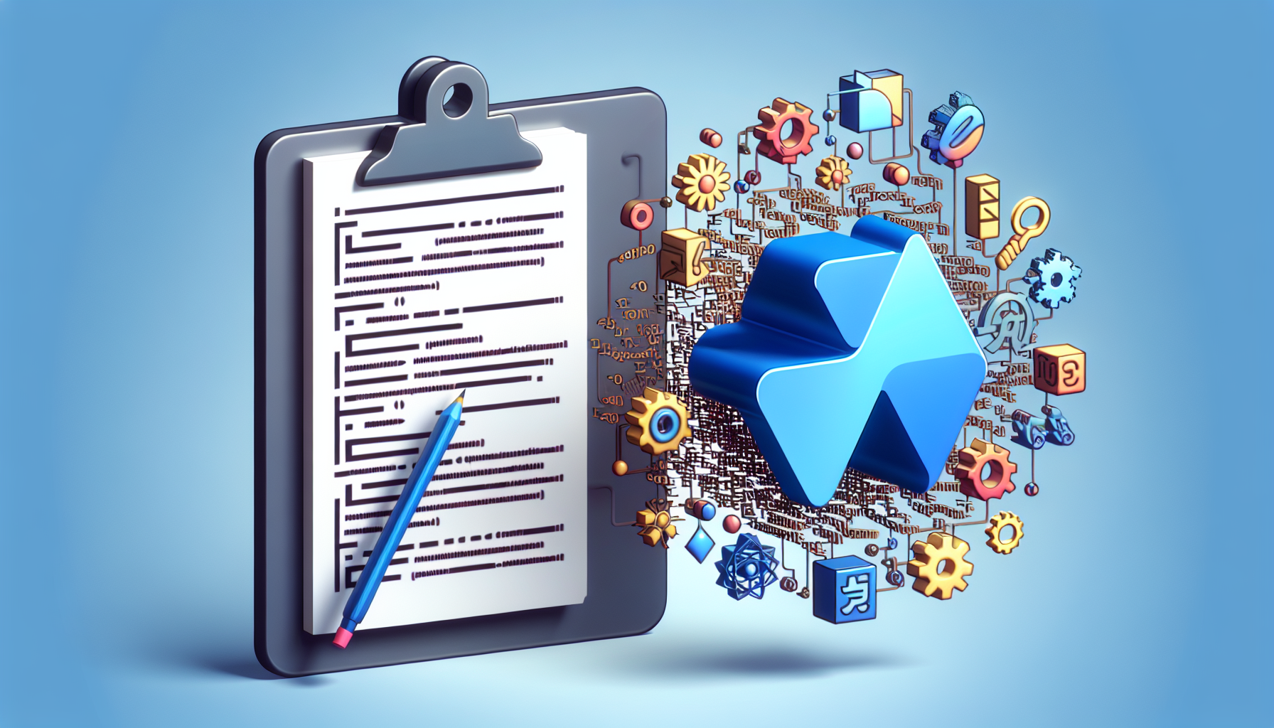 A conceptual representation of the Clipboard API and JavaScript interacting, without the use of text. Show a large clipboard with abstract symbols, representing data being copied. Next to the clipboard, depict a JavaScript logo that is stylized to avoid brand identity, giving the impression of JavaScript, but without exactly replicating the logo. Display a symbolic interaction between the clipboard and the stylized JavaScript symbol, signifying the process of 'copy' and 'paste'. Make sure the scene is devoid of human figures, brand names, and logos.