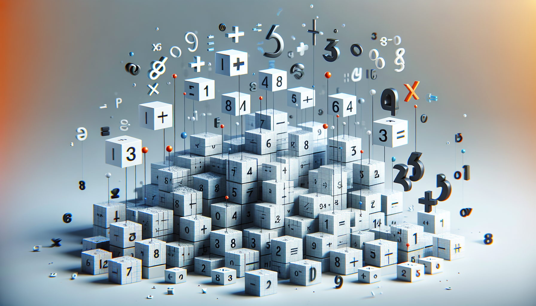 An array of 3D numeric cubes stacked in different configurations, each cube possessing a different value, symbols such as plus, minus, multiplication, division, and brackets are floating around in the background to represent methods. A few cubes are being moved or altered symbolizing manipulation. The environment carries an aesthetic of mathematical abstraction