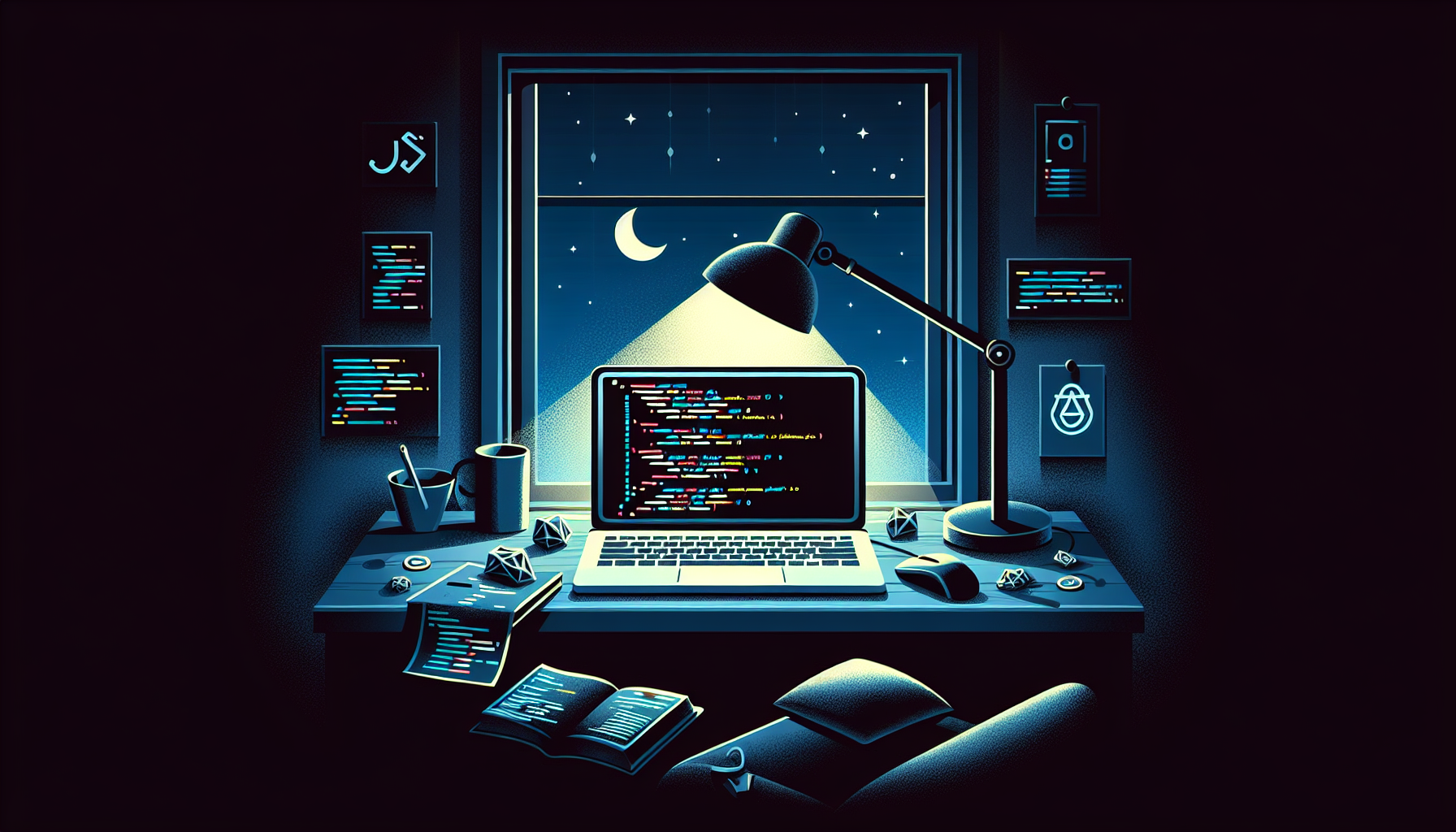 An illustration representing the concept of dark mode and JavaScript. Visualize a dimly lit room lit by the soft glow of a solitary desk lamp. Underneath the lamp, there's an open laptop where black screen is dominated by white and colored lines of code, symbolizing JavaScript. The outside window reflects the night's sky, hinting the theme of 'Dark mode'. Also, scattered on the desk are symbols related to JavaScript, but they are not brands or logos. Everything in this scene has a darker, subdued palette to emphasize the 'Dark Mode' element. The setting is without any people, or text on items, and there're no identifiable brand names visible.