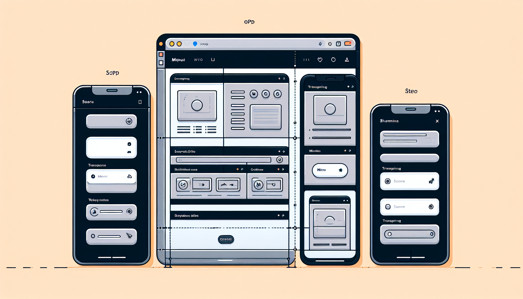 A detailed visualization of a responsive navbar at various screen sizes. Display an image of a simple, clean navbar at both a computer screen size and shrunken down on a mobile screen size. Show elements such as menu icons, dropdown options, and search bar transforming and rearranging as the screen size changes, all done through JavaScript coding. The style of the navbar should be modern and minimalist, with a neutral color palette. No text, people, brand names or logos should be included in the image.