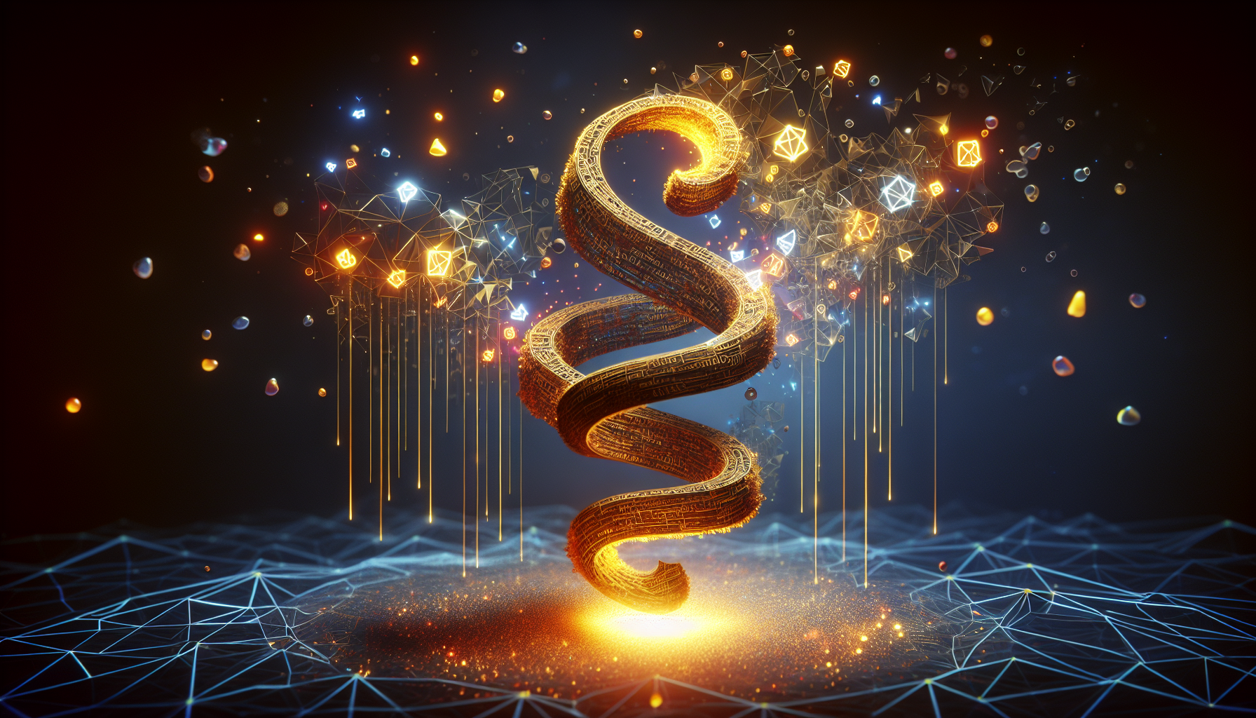 Create an abstract, symbolic representation of the concept of JavaScript and the Event Loop. Visualize JavaScript as a three-dimensional object designed to resemble a script or a scroll, glowing with golden light. The 'Event Loop' should be symbolized as a bronze, infinite loop, raining down small, multicolored sparks, resembling data. The script and the loop should be intertwined, showing the collaborative nature of the two. Please avoid including any brand names, logos, text, or human figures in the image.