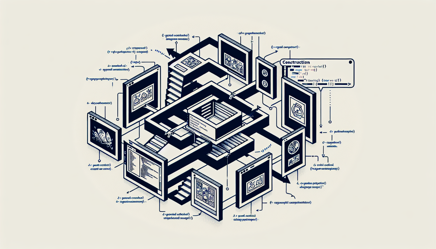 An simplified graphic representation of structures, coding, and flow of an image carousel created with JavaScript. This must be a high-level, diagram-like illustration. The image carousel should consist of multiple frames with generic, non-branded images inside, showing them in a flow sequence. Each frame appears in a carousel layout with left and right arrows to indicate the progress of the images. No people, text, brand names, or logos should be included in the visual representation. A code snippet or symbolic representation hangs above the carousel indicating construction with JavaScript.