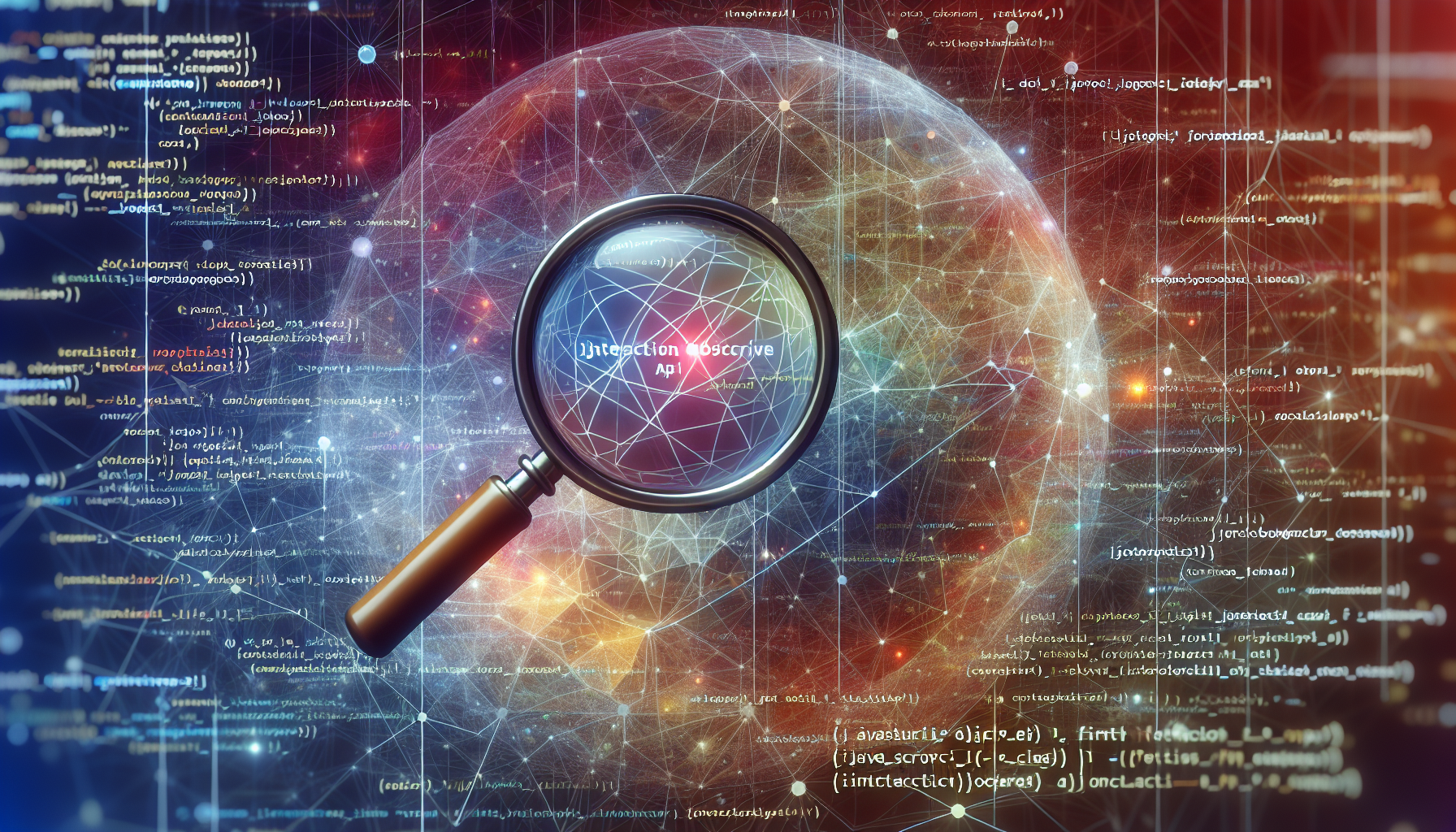 An abstract image representing JavaScript and Intersection Observer API. Show the general idea of JavaScript as a series of complex, interconnected lines or webs, indicating code. For the Intersection Observer API, depict a magnifying glass focused on a particular intersection in the complex webs, signifying its functionality to monitor the intersection of elements. Make sure to exclude any text, people, brand names, or logos in the scene.