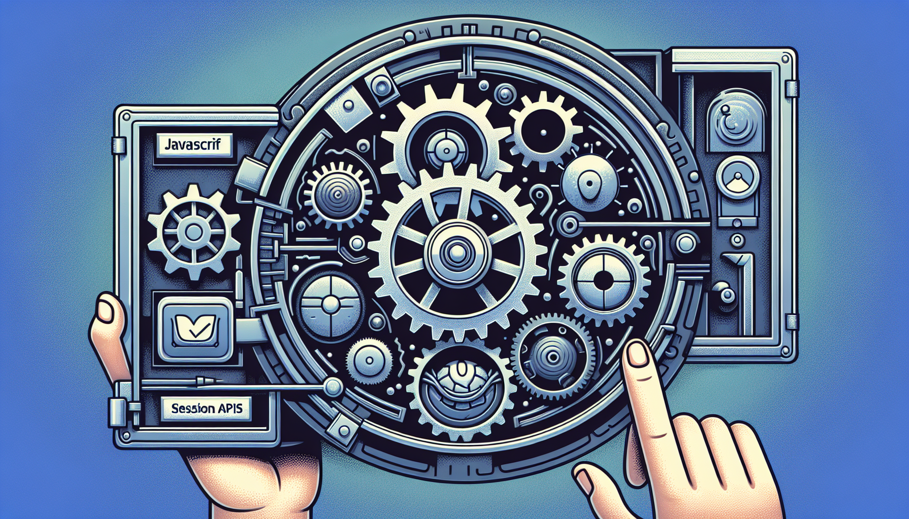 A visually stimulating depiction of web development tools. Specifically, focus on components that can be associated with JavaScript and Web Storage APIs. Conceptualize JavaScript as a set of cogwheels interlocked together, and Web Storage APIs as an open safe or vault. The vault should be implied to contain 'Local' and 'Session' sections, which can be differentiated by color or pattern. Remember to avoid any human figures, text, brand names or logos in the illustration.