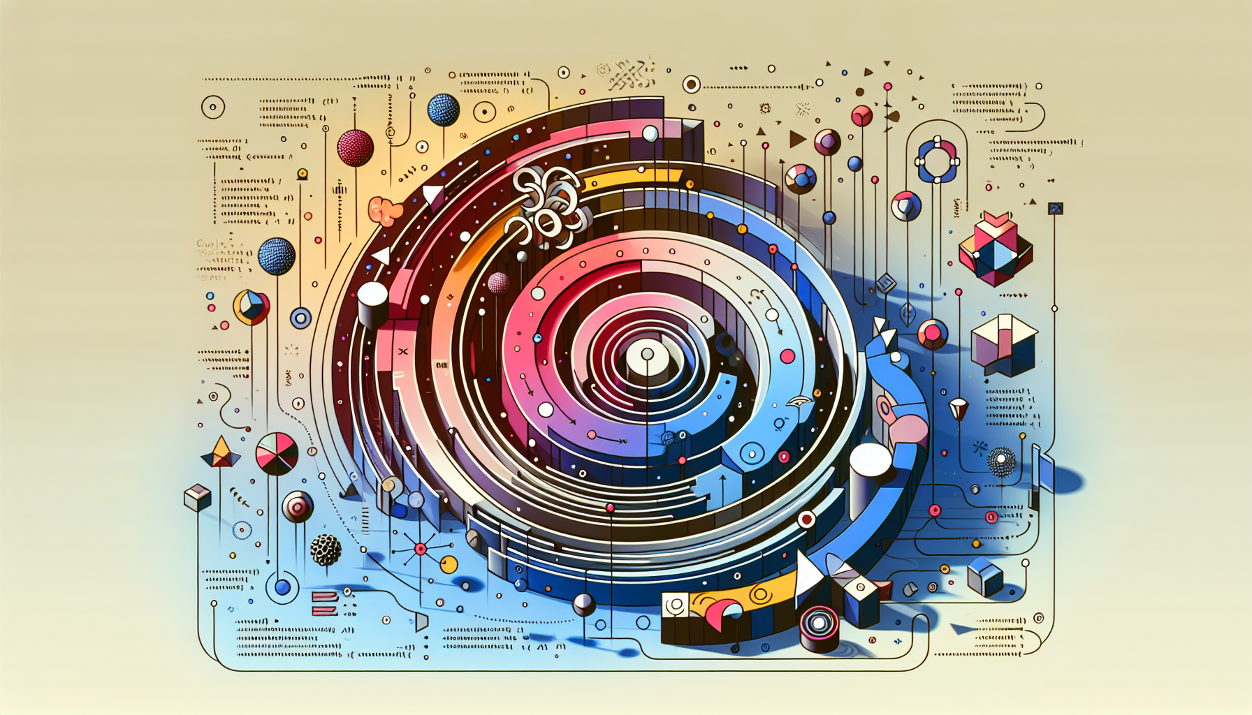 Illustrate an abstract visualization of JavaScript coding process. Picture a smoothly operating carousel with an assortment of abstract shapes rotating in response to invisible forces, symbolizing the different components of a carousel webpage element. Avoid including any brand names, text, or humans. Take special care to emphasize how the individual elements respond and adapt smoothly to changes, keeping with the theme of responsive website design. Exclude any figures or objects that could be interpreted as brand logos to maintain neutrality.