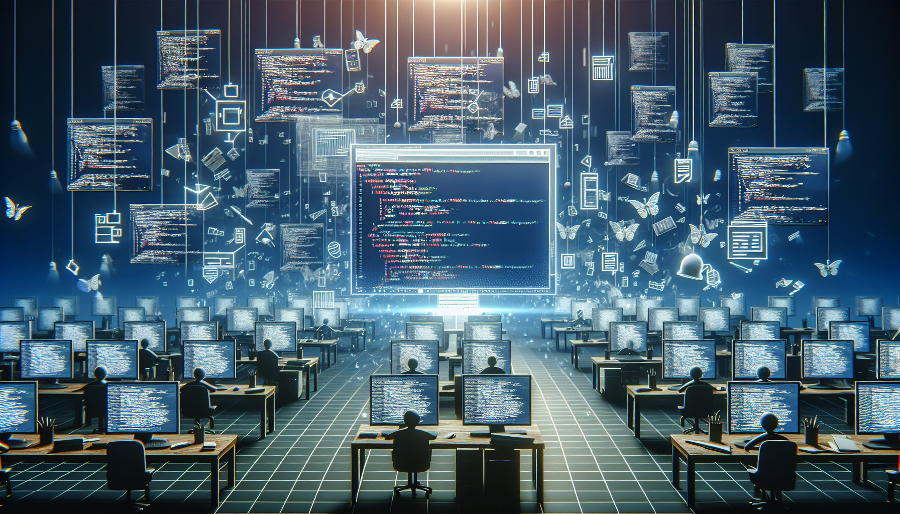 Create an illustration that symbolizes 'JavaScript and the Drag-and-Drop API'. The scenery should be a digital work environment devoid of humans. Imagine monitor screens floating and displaying lines of code, with one of the screens showing a diagram of objects being dragged and dropped. Absolutely no brand names or logos are to be included, and neither text nor textual representation should feature on any items within the image. The atmosphere should evoke technology, coding, and interactivity without the presence of people.