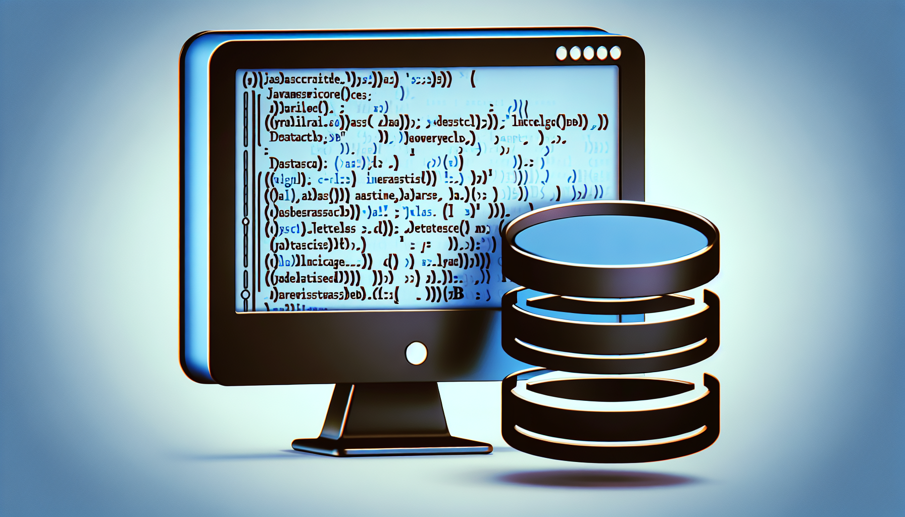 An image of a computer screen displaying an abstract JavaScript code, alongside an icon symbolizing a database. The JavaScript code is composed of visual representations of curly brackets, commands, and variables but does not contain any actual readable text. The database icon is a cylindrical shape, with lines symbolizing the data layers inside, representing the IndexedDB. The image should be devoid of any people, brand names, and logos.