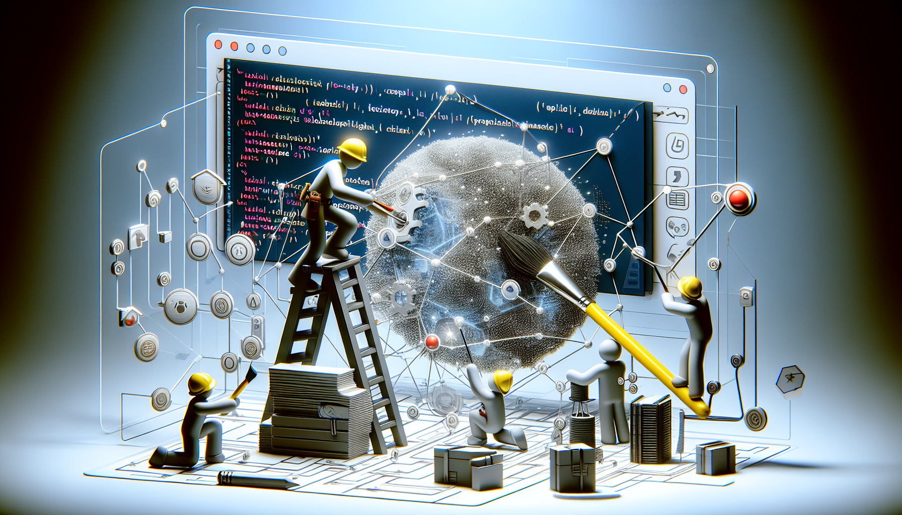 An image meant to symbolize JavaScript and the Service Worker API. It visually illustrates a complex network of interconnected nodes, to represent the web, and a construction worker with a hard hat and tools, symbolizing the service worker. The worker is actively connecting different nodes in the network. To represent JavaScript, there's a stylized, non-branded computer displaying abstract code snippets. The entire scene is set against a clean, digital background. No people, text, brand names, or logos are present.