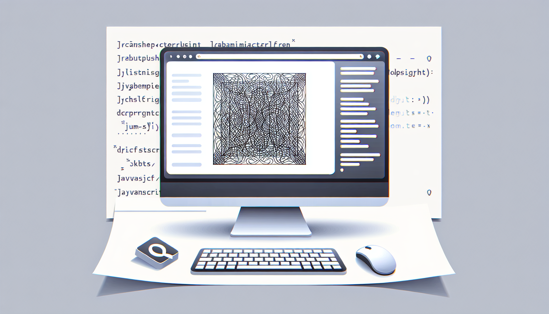 Visual illustration of a computer screen displaying a simple abstract website. This website, in stark minimalist design, shows an intricate pattern moving, symbolizing an animation. The animation seems to move as an icon resembling a mouse scroll wheel passes by it, indicating it's scroll-triggered. Adjacent to the screen, there's a sheet of paper with bunches of handwritten symbols signifying JavaScript coding. No individuals or brand logos are included in this scene.