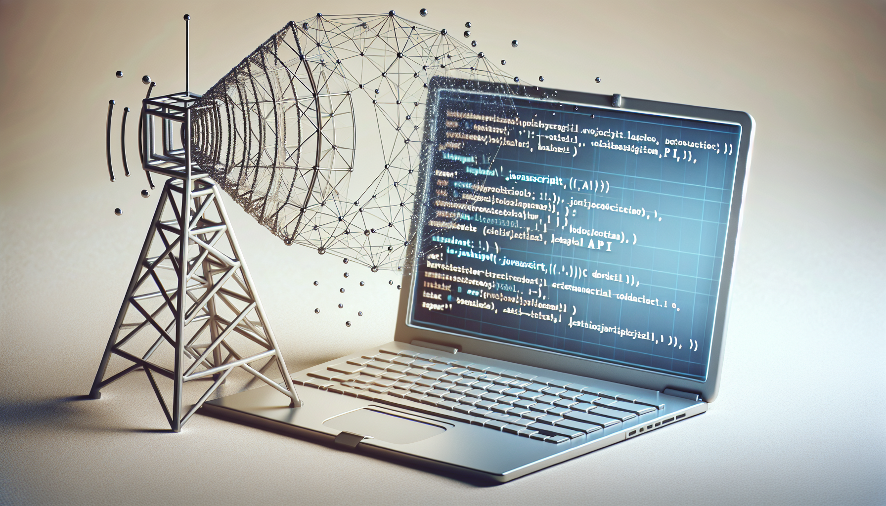 An abstract representation of JavaScript programming concept: Display an open laptop with codes & symbols on its screen, representing JavaScript language. An adjacent digital broadcasting tower symbolizes the Broadcast Channel API. The tower beams are represented with connecting lines or dots, indirectly connecting laptop and tower, illustrating the concept of communication. The entire setting is placed on a minimalistic, calmed down background, perhaps a subtly textured neutral-toned surface. Please avoid inclusion of any brand names, logos or textual elements in the image.