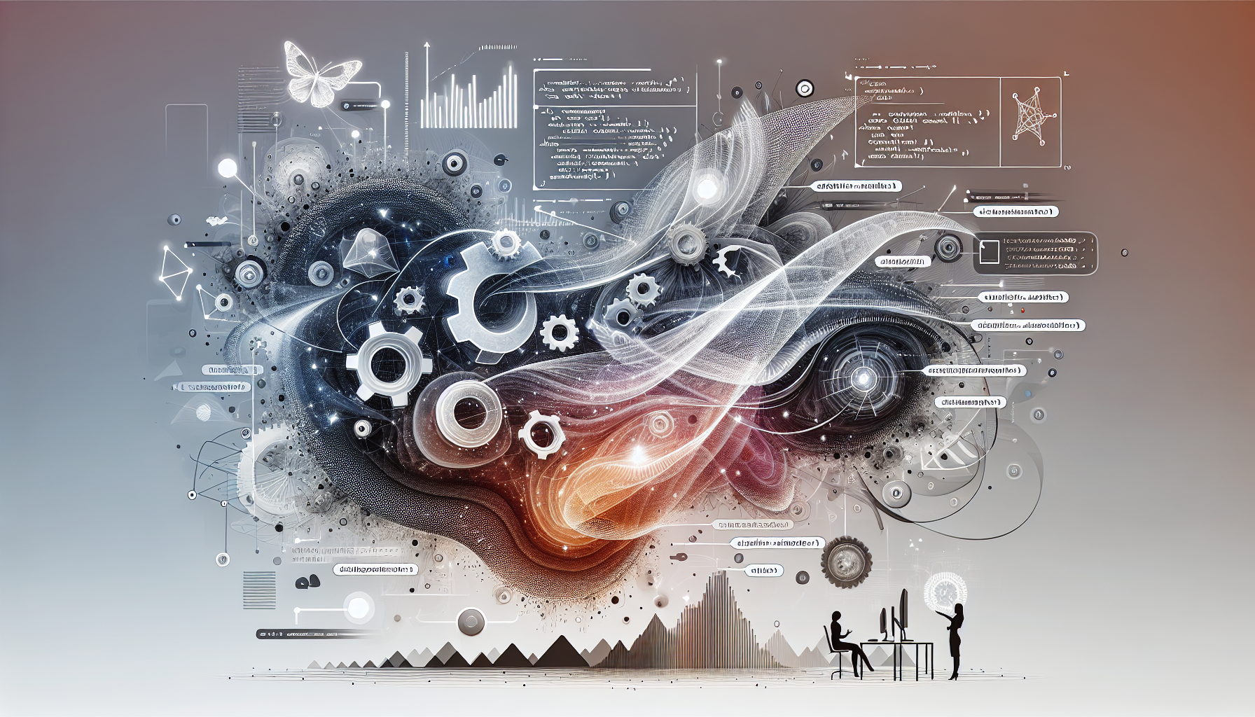 Visual representation of JavaScript interacting with the Mutation Observer API. A depiction of amorphous shapes, flowcharts, or infographics representing JavaScript code and the Mutation Observer in action, but without showing any explicit text. This could be expressed through abstract transformations and symbols including gears, arrows, or lines representing the underlying changes and processes. The background should be simple, sleek, and digital in feel. Remember, no text, logos, brands, or depictions of people should be present in the image.